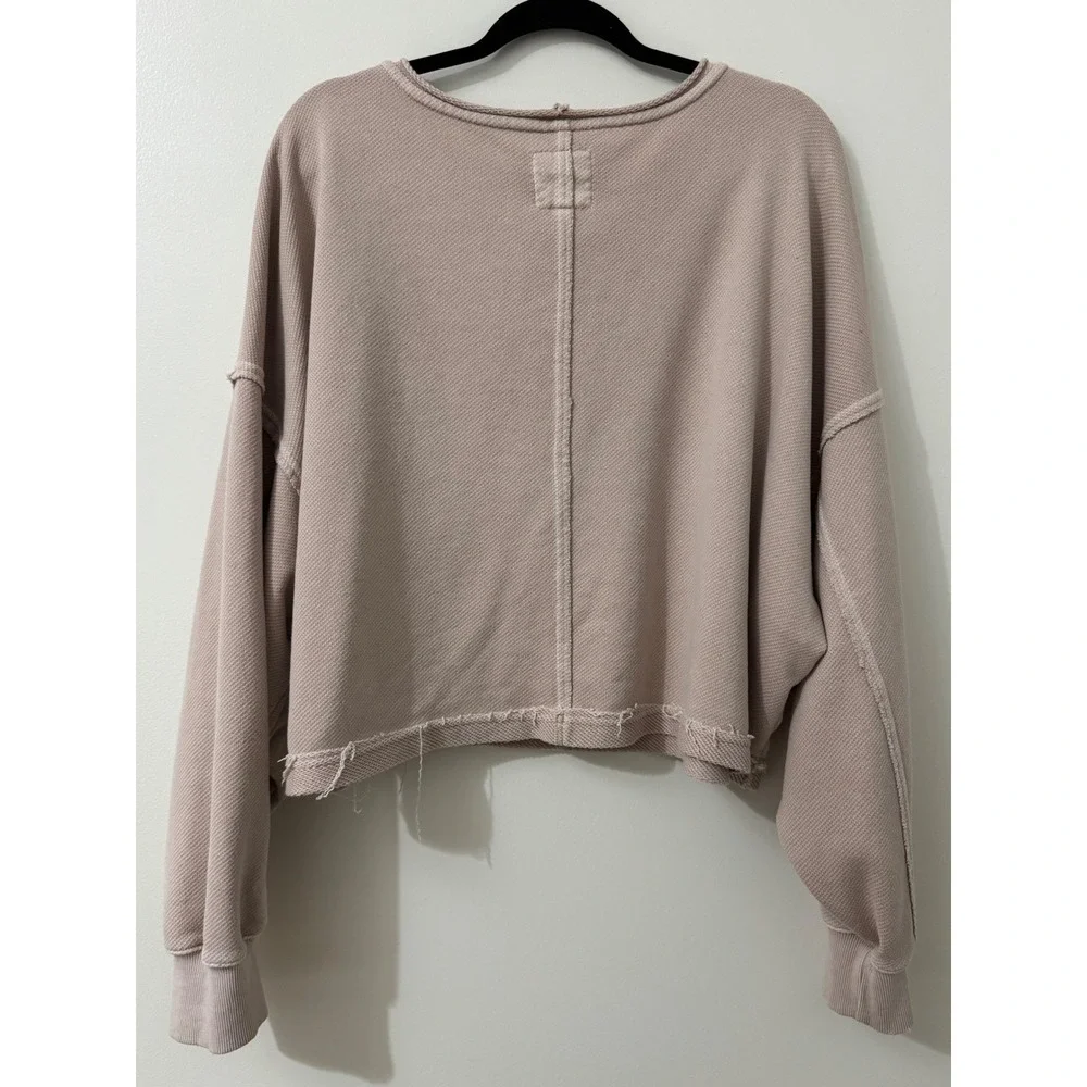 Aerie Cropped Waffle Knit Sweatshirt Mauve Taupe Raw Hem XXL - Picture 4 of 6